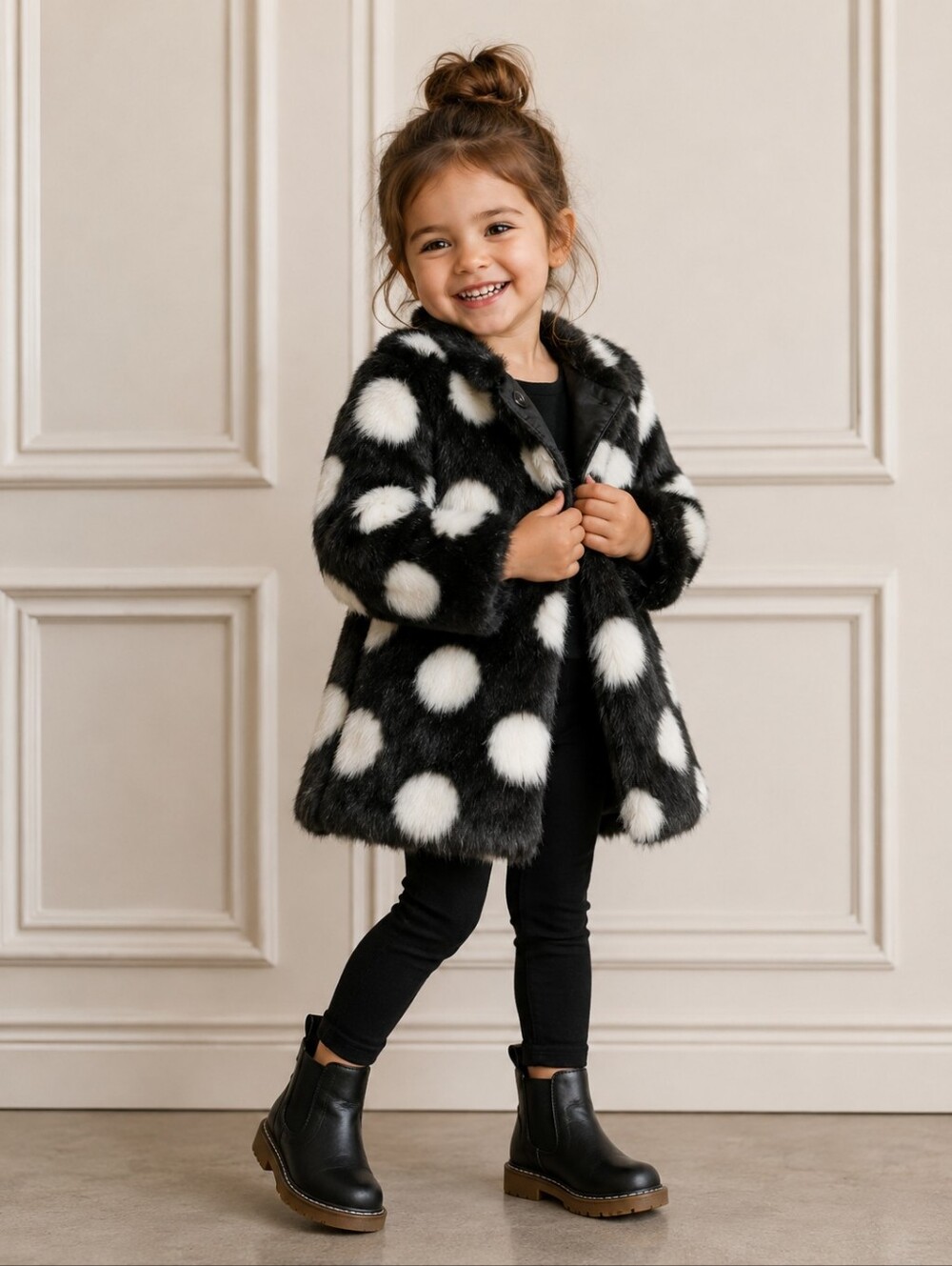 Kate SPADE Black and White Polka Dot Faux Fur Coat